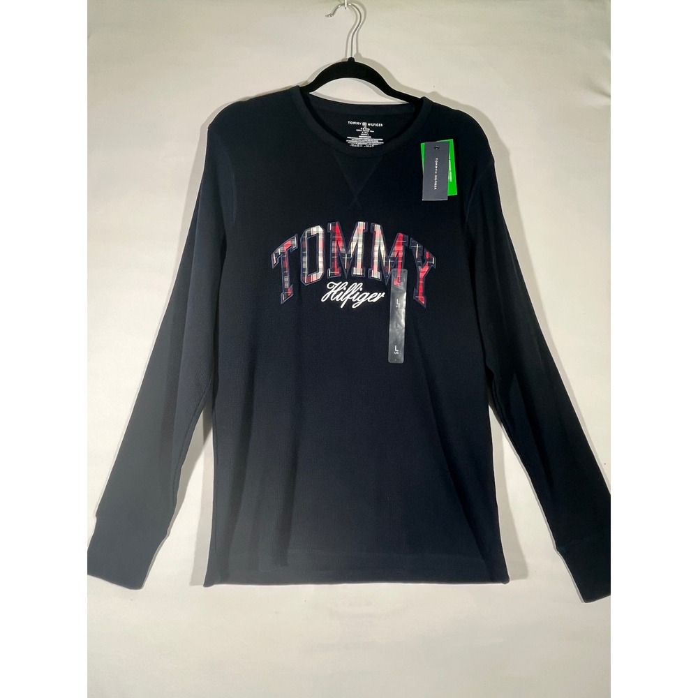 Tommy Hilfiger Waffle Knit Thermal Shirt Men L Navy Plaid Embroidered Logo Comfy